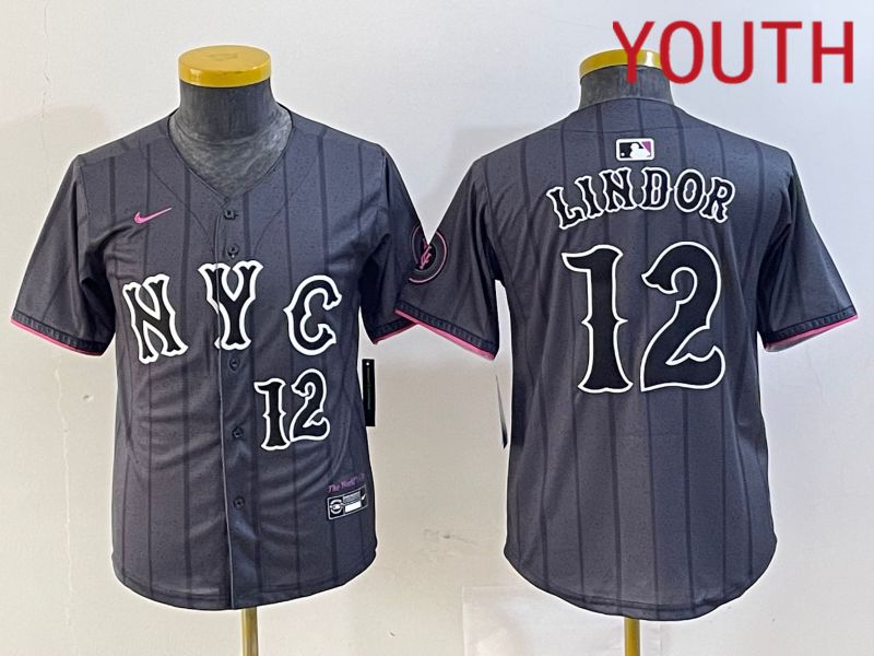 Youth New York Mets #12 Lindor Black City Edition 2024 Nike MLB Jersey style 1->youth mlb jersey->Youth Jersey